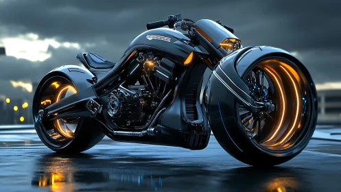Neo-futuristic hubless wheel motorcycle with reactive glow detailing.