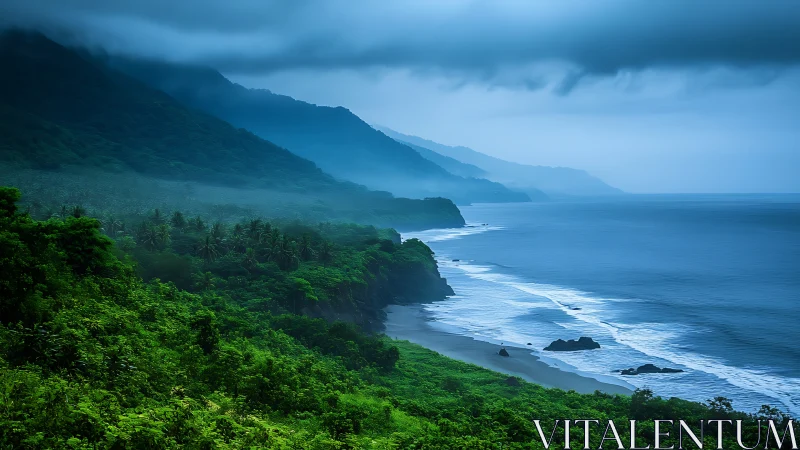 Misty jungle coast and rolling waves at blue hour calm.
