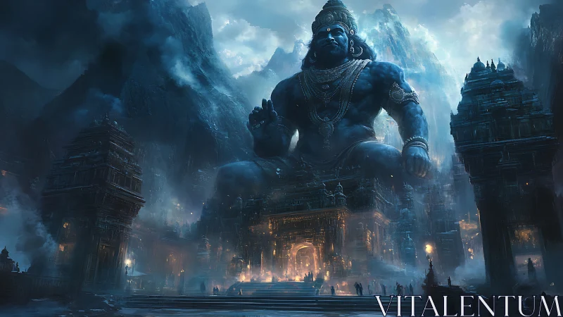 Colossal blue deity statue in misty mountain temple complex