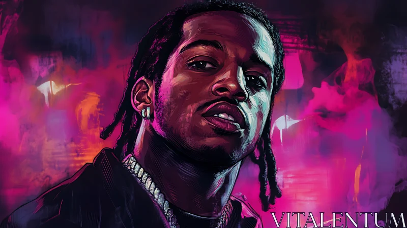 Neon smoke crowns a confident rapper in electric twilight