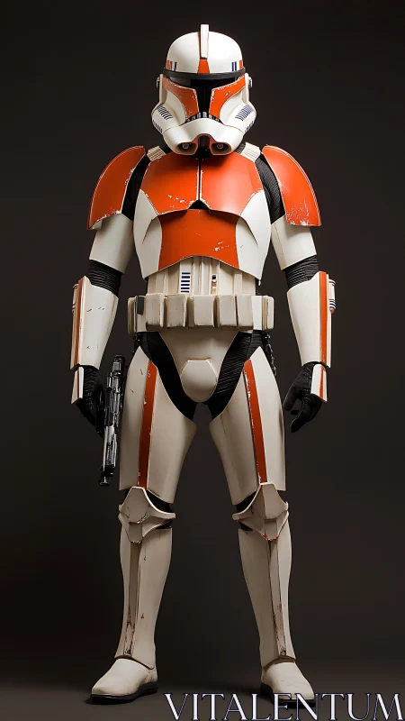Orange legion trooper stands at parade rest in studio silence.