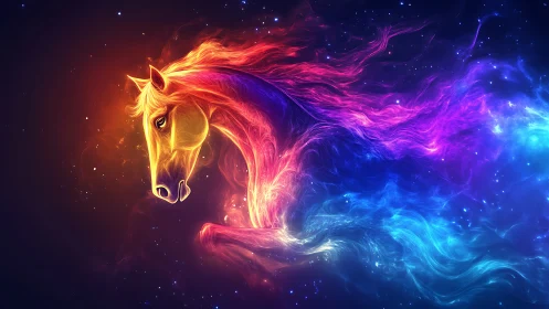Stardust stallion gallops through neon-tinted cosmic tides