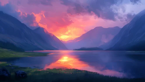 Radiant mountain sunset gently glows across a calm lake
