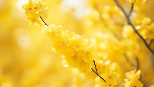 Clustered Yellow Forsythia Flowers with Shallow Depth of Field Optical Rendering