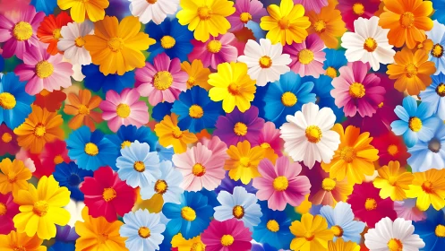 Vibrant Cosmos Daisy Pattern with Rainbow Color Distribution.
