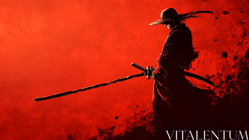 Lone samurai silhouette with katana on intense red field.