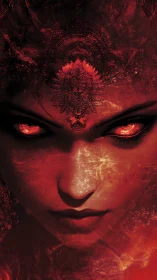 Demonic female face emerges from swirling red inferno