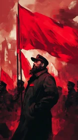 Revolutionary leader under sweeping crimson banners in march.