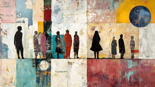 Abstract silhouettes of people on textured geometric background.