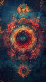 Radiant cosmic mandala unfolds in fiery, layered symmetry.