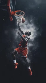 Dynamic basketball dunk explodes through smoke and spotlight