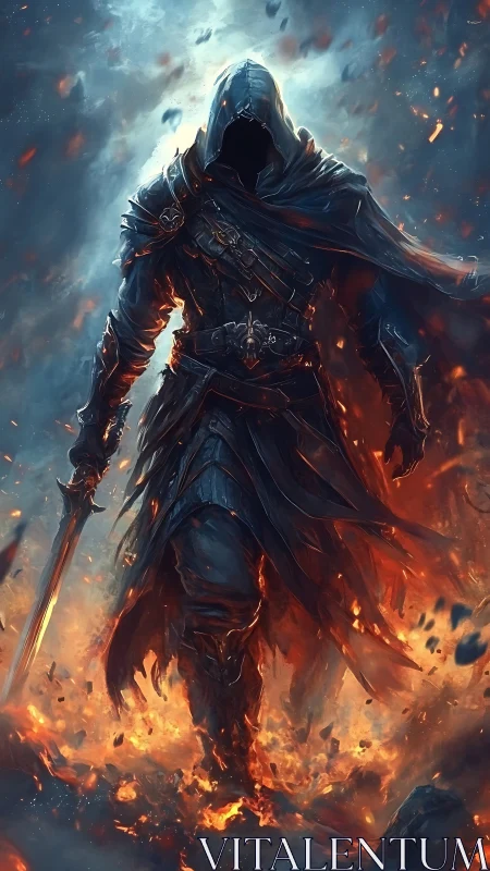 Hooded flameborn warrior in molten battlefield inferno.