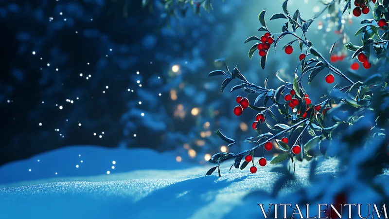 Red berries on snow covered branches in winter light.