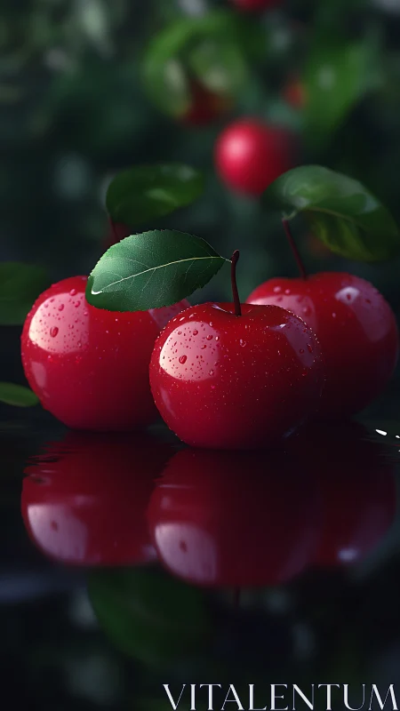 Specular red apples with surface droplets and reflective pool.