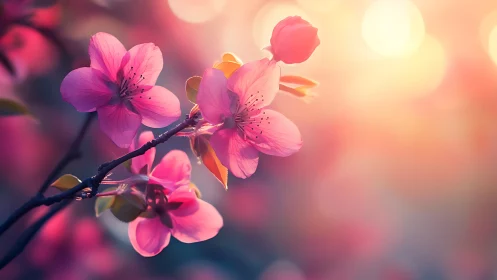 Pink Blossoms Glowing in Golden Sunlight.