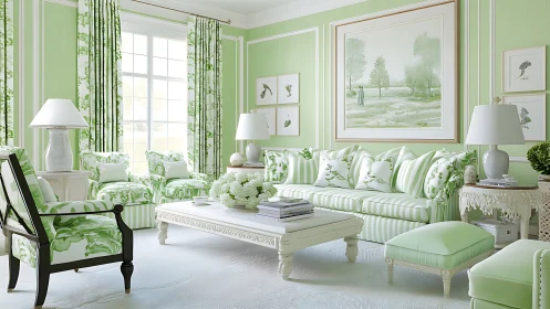 Pastel green traditional living room with botanical prints.