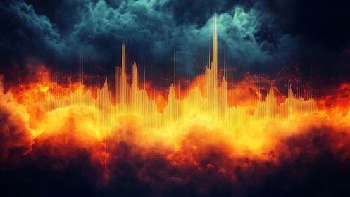 Glowing waveform skyline cuts through storm-lit infernal clouds