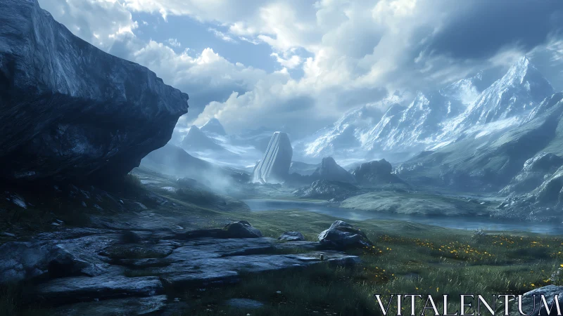 Glacial valley panorama renders atmospheric depth and luminous mist