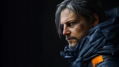 Weathered sci-fi wanderer gazes ahead in harsh silence.