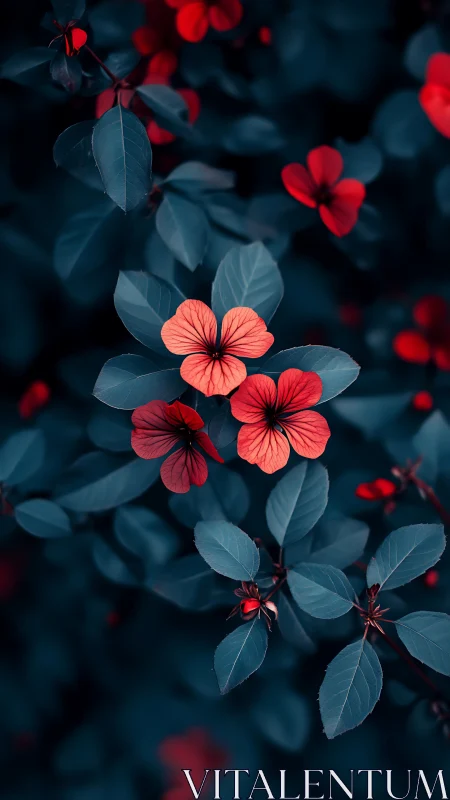 Red Flowers Against Dark Teal Foliage