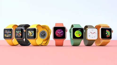 Row of multicolored smartwatches with varied bands and faces.