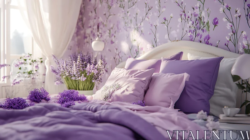 Lavender bedroom sanctuary glows in soft morning light.