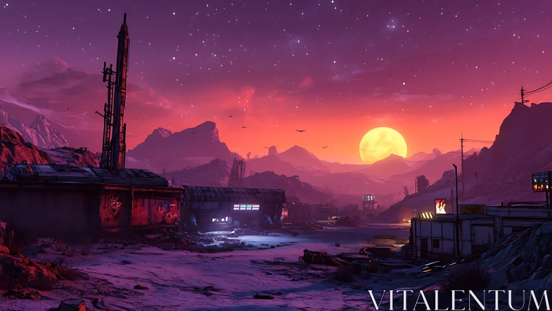 Glowing alien sunset bathes a quiet outpost in soft light