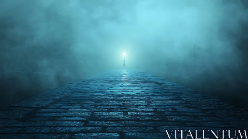 Mystic blue stone path leading toward lone distant light.