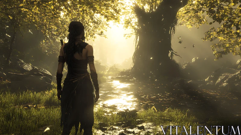 Backlit forest wanderer observes volumetric light over stream