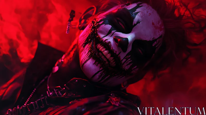 Grinning nightmare clown drifts through red neon smoke