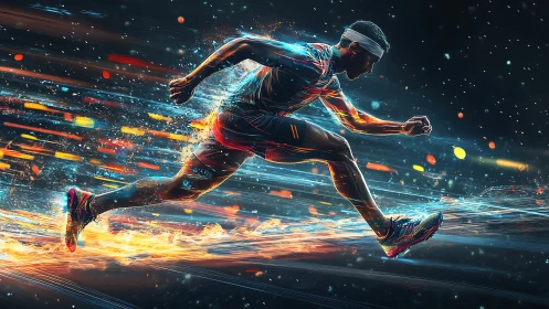 Sprinter explodes through neon trails in dynamic motion