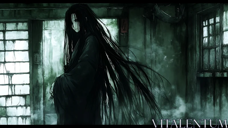 Pale specter in decayed tatami room with dense emerald fog