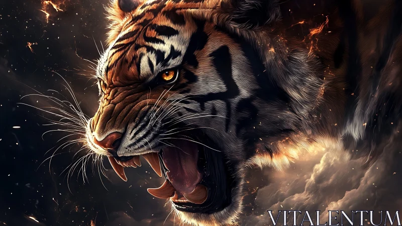 Fierce fiery tiger roaring with untamed, electric energy.