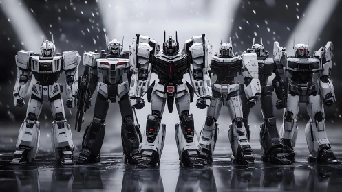 Row of monochrome combat mechs in wet urban environment.