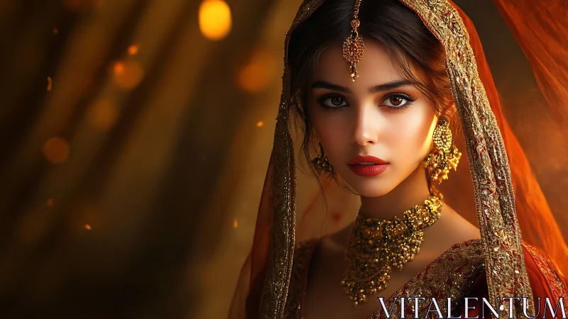 Bridal portrait in ornate gold jewelry with warm bokeh glow.