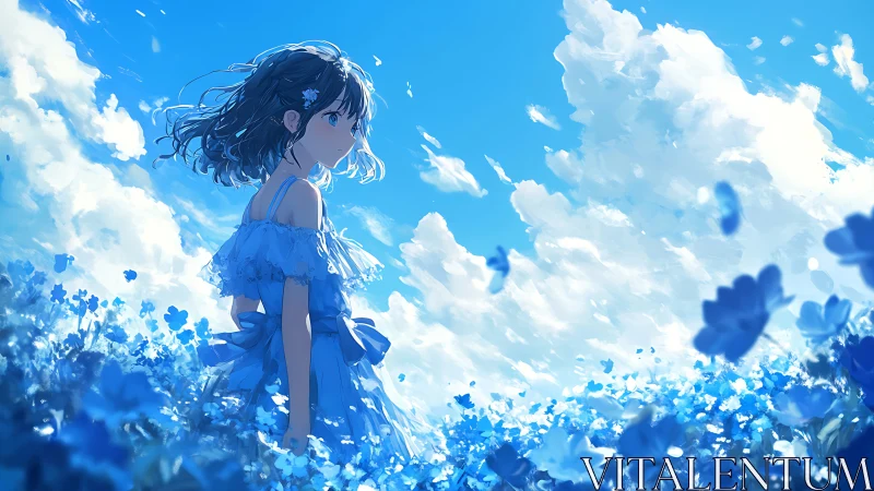 Soft summer sky welcomes a girl wandering in blue flowers