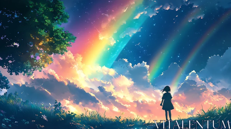 Stargazing girl beneath rainbow-swept twilight skies.