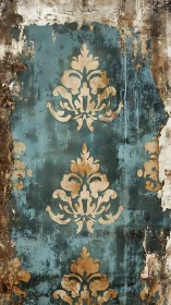 Oxidized teal damask over corroded plaster substrate surface.