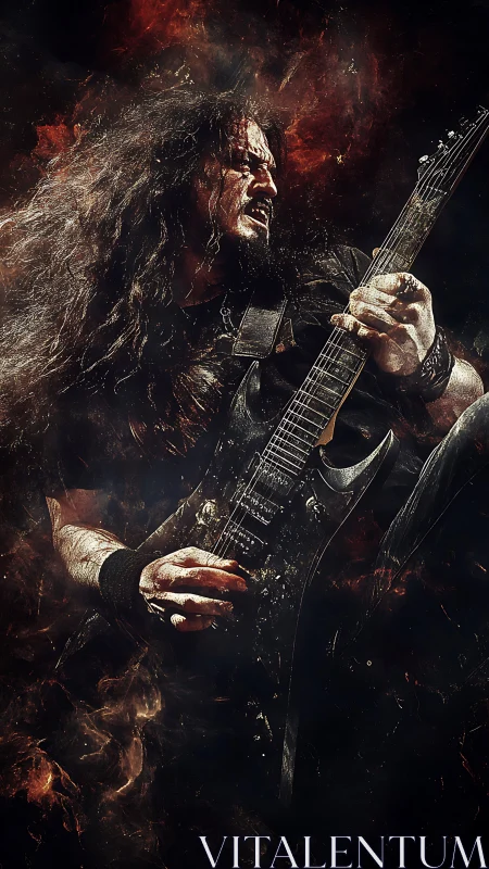 Electric guitarist performing with abstract fiery overlay.