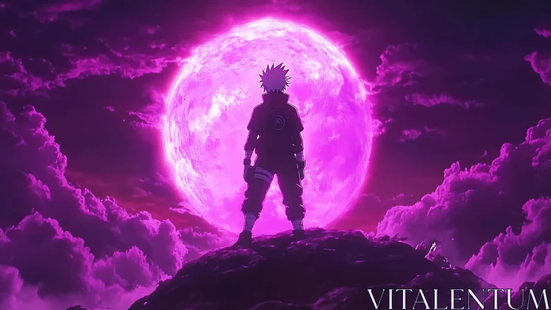 Lone anime hero standing before a glowing violet moon.
