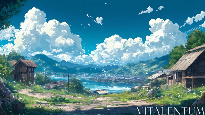 Rural hillside village overlooking lake under cumulus sky
