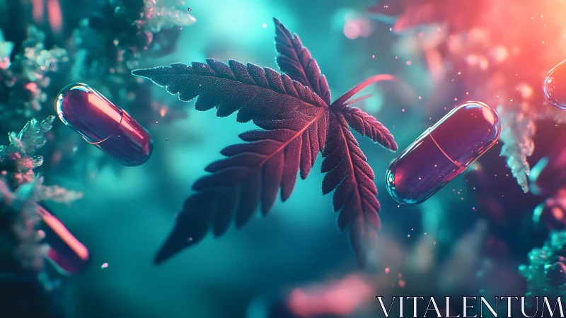 Cannabis Leaf and Capsules in Futuristic Neon Abstract Style.
