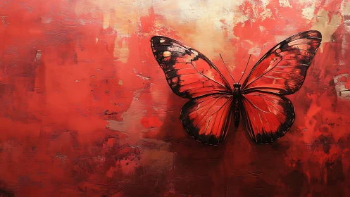 Red butterfly rests on textured crimson abstract canvas