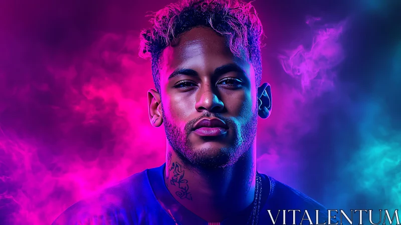 Neon portrait glows with intense magenta cyan smoke halo.