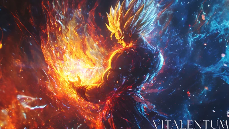 Saiyan warrior channels blazing cosmic energy aura.
