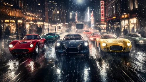 Classic sports cars race through neon-lit rain-soaked city streets.