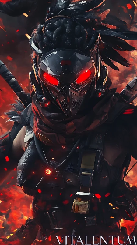 Ember-eyed cyber huntress strides through molten twilight.