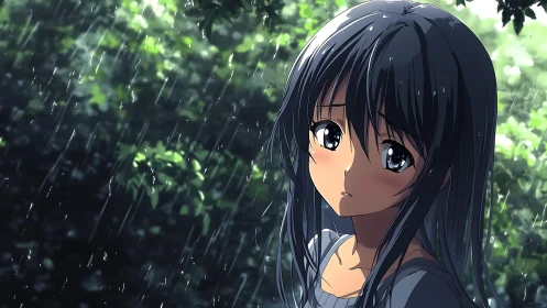 Melancholic anime girl standing in gentle summer rain.