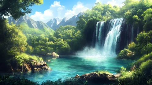 Lush mountain waterfall pouring into bright turquoise pool.