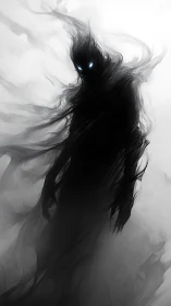 Shadow wraith emerges from swirling mist with burning eyes